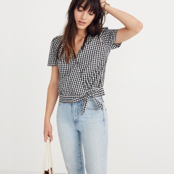 Madewell Tops - Madewell | Black and White Gingham Short Sleeve Wrap Top with Tie Waist, Size S